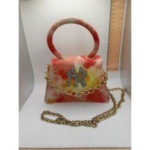NY New York Rainbow Tie Dye Pink Rhinestone Shoulder Strap Chain Purse Handbag